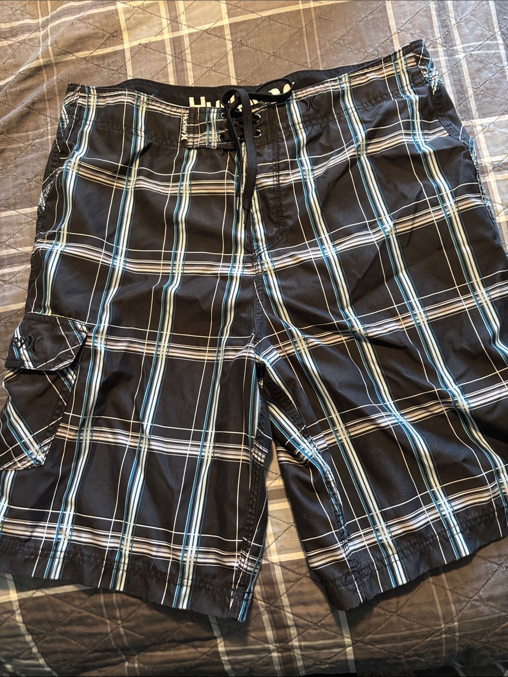 Hurley Black Plaid Board Shorts with Light Blue Stripes